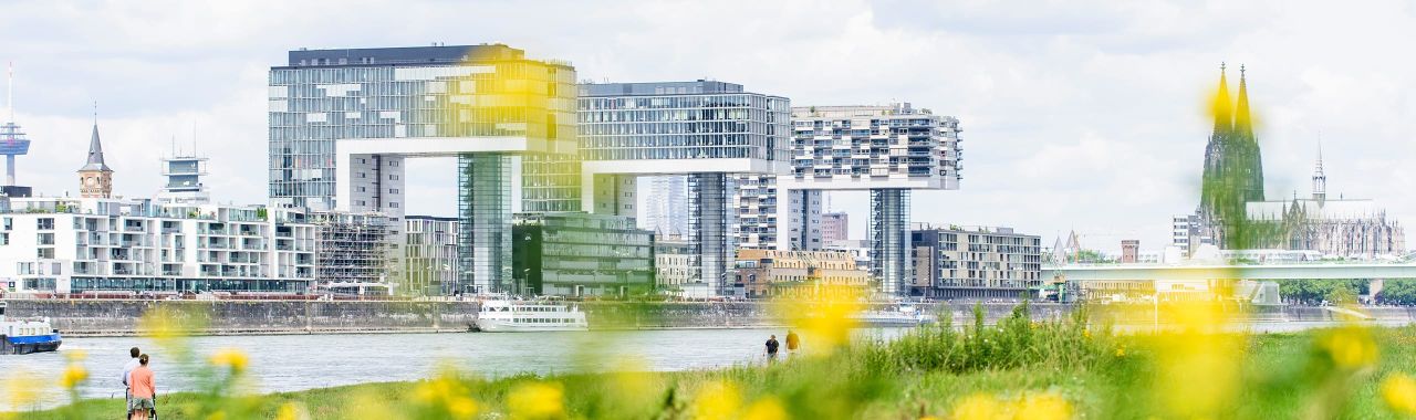 Panoramablick von den Pollerwiesen auf die Krahnhäuser die ein Wahrzeichen der Stadt Köln sind.
